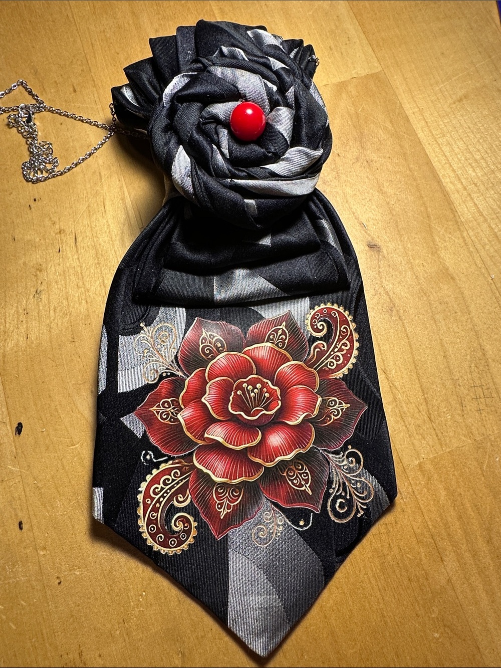 Murano Black and Red Floral Silk Necklace Tie with Rosette